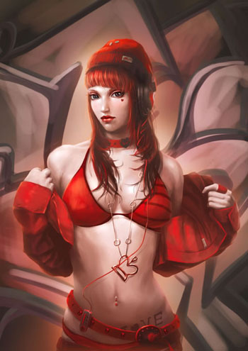 PS鼠绘复杂背景的性感红衣美女图片